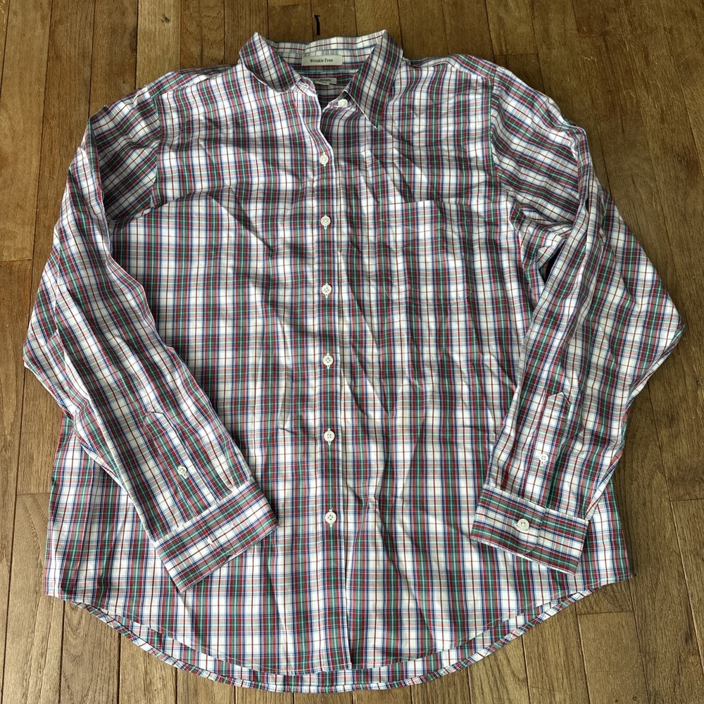 L.L.Bean Button Down Women XL‎ Wrinkle Free Plaid Red Green White Modern Casual